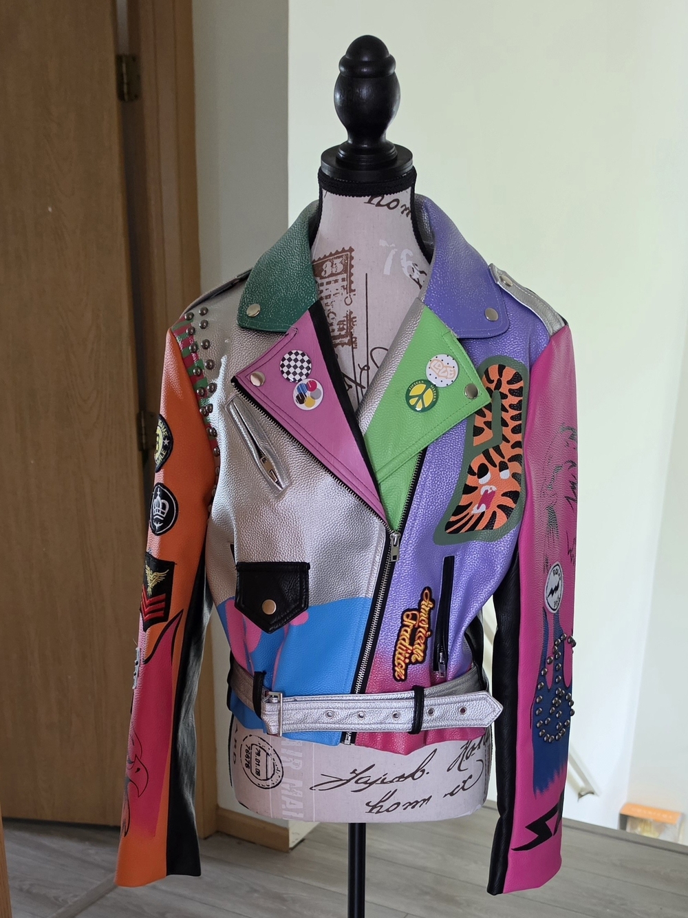 Colorful Patchwork Women's Moto Jacket - Multicolor
